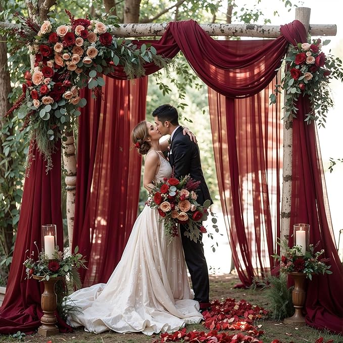 Wedding Arch Draping Fabric, 2 Panels 18FT Burgundy Sheer Backdrop Curtain - Image 4