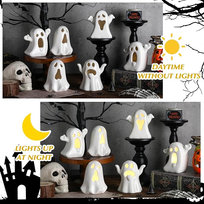 Wesiti 6 Pcs Ceramic Ghost Light up Halloween Decorations Indoor Small White - Image 3