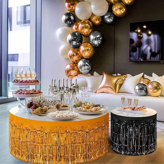 2 Pack Black Orange Table Skirts, 29x108" Metallic Foil Tinsel Fringe Table - Image 9