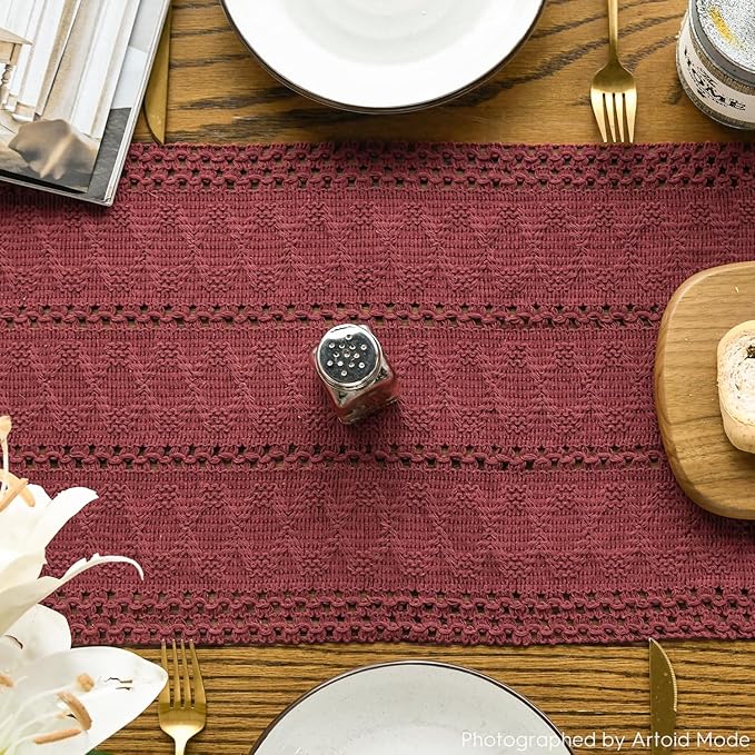Artoid Mode Red Farmhouse Woven Rustic Hollow Table Runner, Seasonal Holiday - Image 3