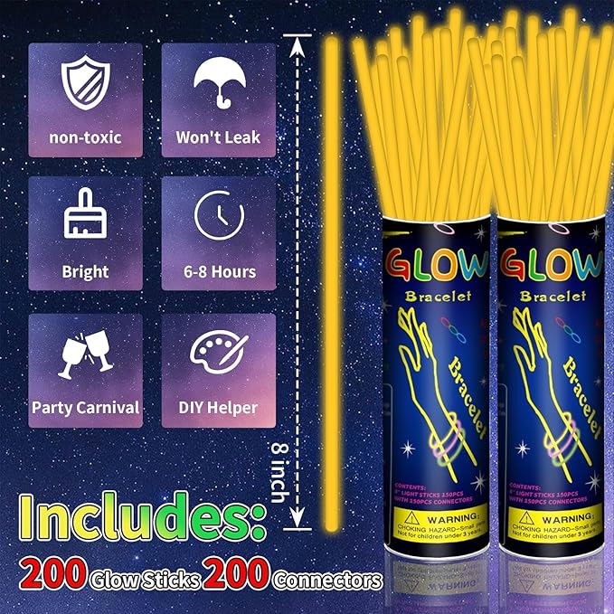 200 Pack 8'' Glow Sticks Bulk Party Favors Orange Light Up Sticks - Image 2