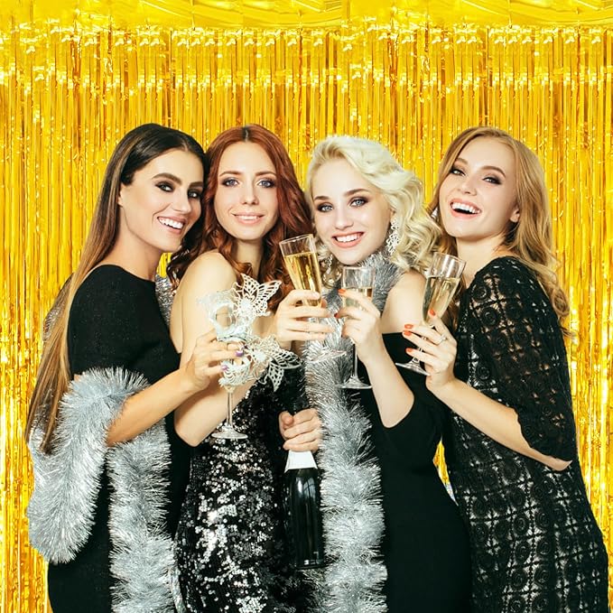 2 Pack Gold Tinsel Foil Fringe Curtains, Metallic Tinsel Party Streamers - Image 6