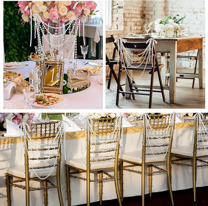 Wedding Pearl Bow Chair Decor Satin Ribbon Bows - Image 6