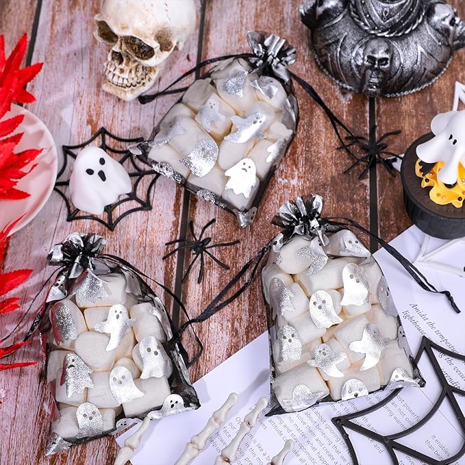 Whaline 100Pcs Halloween Organza Drawstring Bags Cute Foil Silver Ghost Jewelry - Image 3
