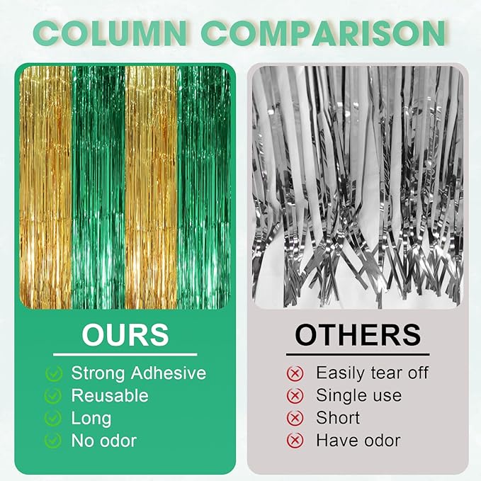 3 Pack 3.3 x 8.2 ft Green and Gold Foil Fringe Backdrop Curtains, Tinsel - Image 3