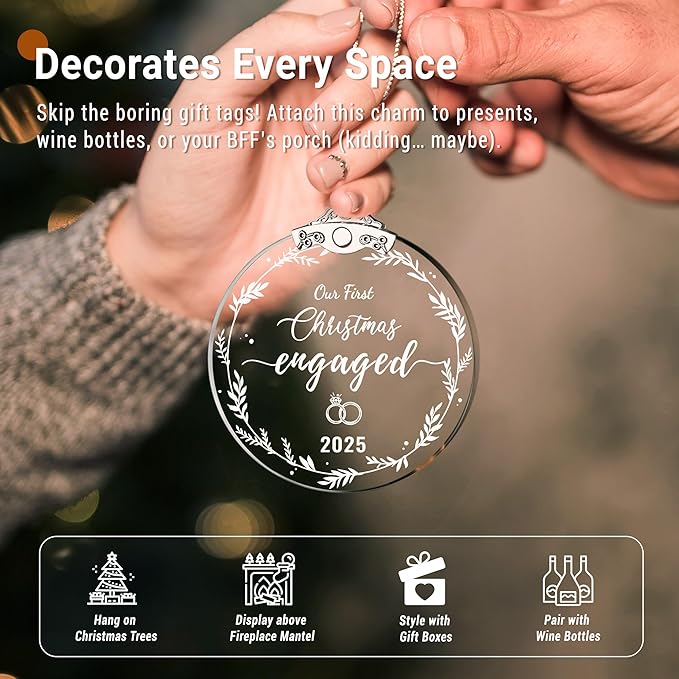 Engagement Gifts for Couples 2025, Our First Christmas Engaged Glass Ornament - Image 3