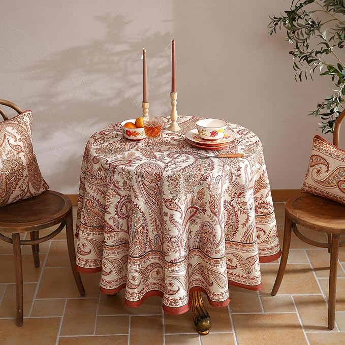 ISAENNE Designer French Red Round Tablecloth, Fall Linen Table Cloth - Image 5