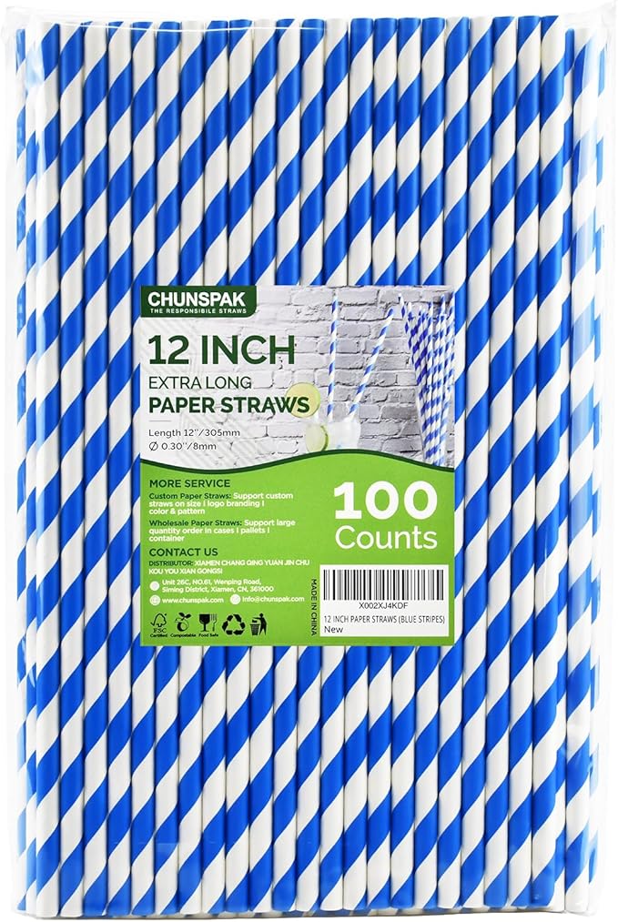 12 Inch Disposable Paper Drinking Straws Large and Tall, 8mm Wide by chunspak