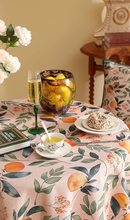 patdrea Designer Linen Small Round Table Cloth, Vintage Framhouse Oranges and - Image 9