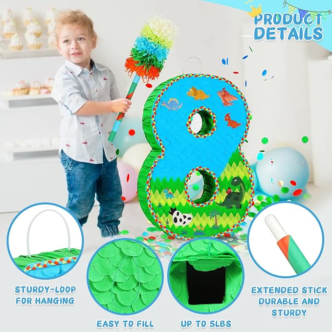 Number 8 Pinata for Birthday Party Decorations, Jungle Dinosaur Piñata Games Toy - Image 5
