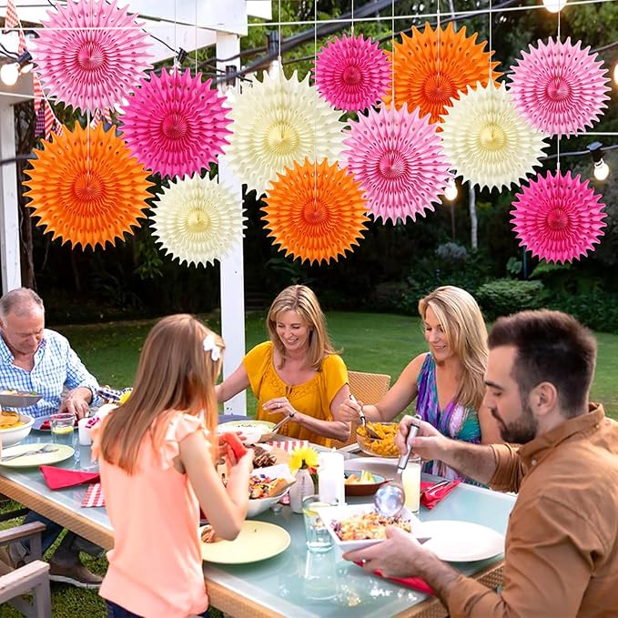 BestoFun 12PCS Paper Fans Hot Pink and Orange Party Decorations Tissue Paper - Image 7