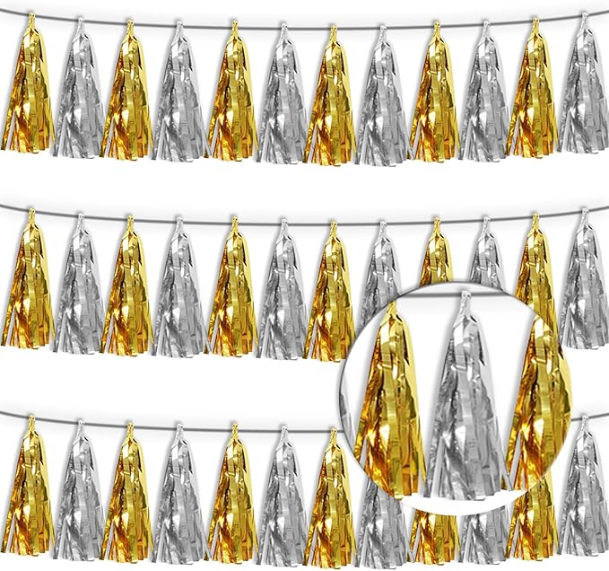 3P Gold Silver Metallic Fringe Tassel Banner Garland Foil Tinsel Streamer Wall by Xuuf