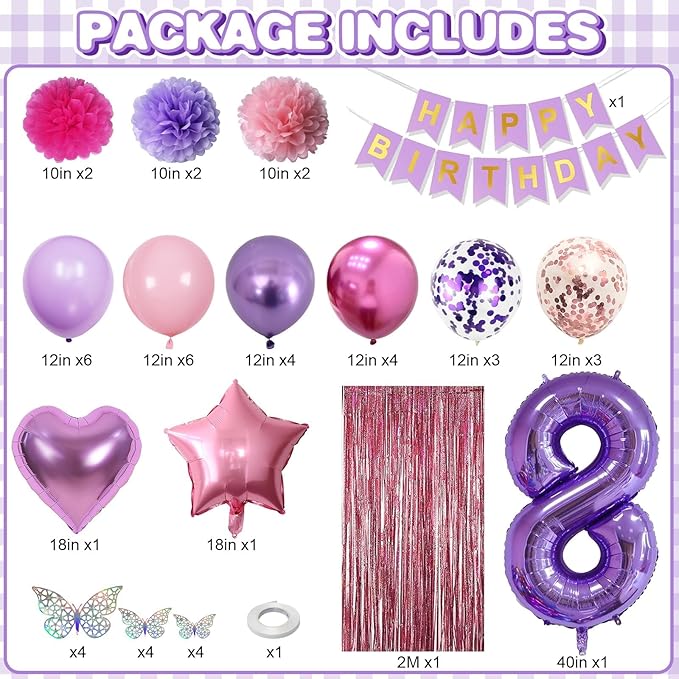Pink Purple 8th Birthday Party Decorations - Image 3