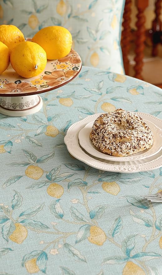 patdrea Designer Green Round Tablecloth, Vintage Linen Yellow Fruits Pattern - Image 8