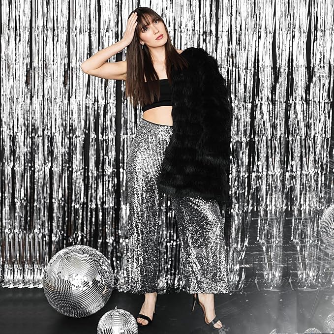 CANREVEL 2 Pack 3.3x8.2 Feet Silver Foil Fringe Backdrop Curtains, Tinsel - Image 6