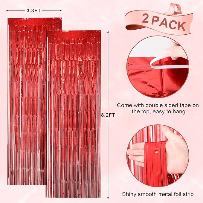 2 Pack Laser Red Foil Fringe Backdrop Curtains, Tinsel Streamers Birthday Party - Image 3