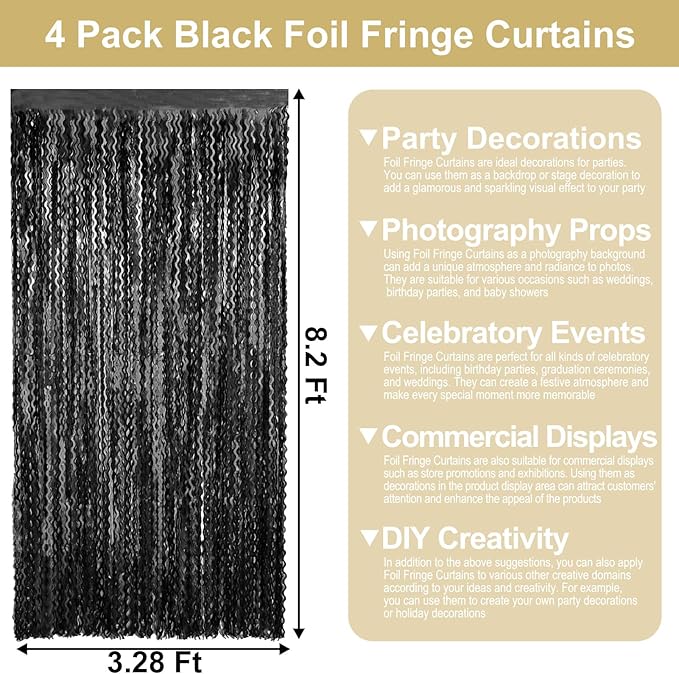 4 Pack Black Wave Foil Fringe Curtain Backdrop, 3.28Ft x 8.2Ft Metallic Tinsel - Image 2