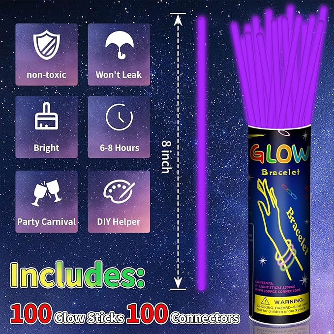 100 Pack 8” Purple Glow Sticks Bulk - Image 2