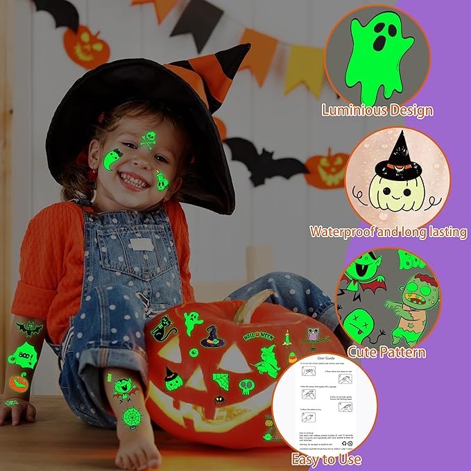145 Styles Halloween Tattoos for Kids, Glow in Dark Ghosts Pumpkin Fake - Image 4