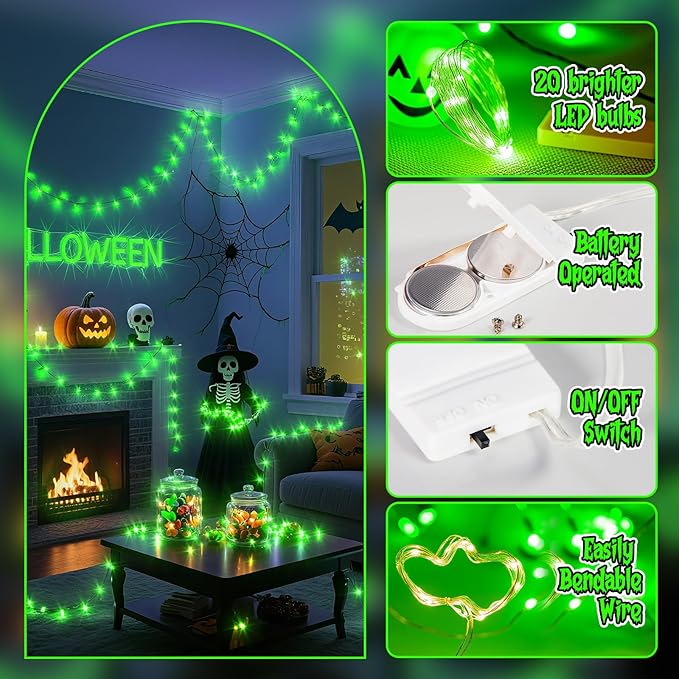 TingMiao Halloween Green Fairy Lights Battery Operate, 7.2ft 20 LEDs String - Image 2