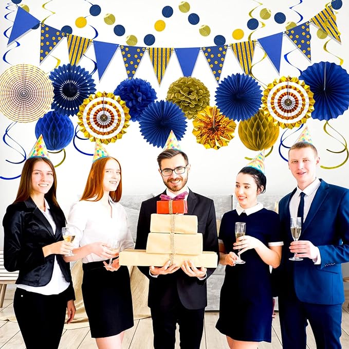 Blue Gold Party Decorations Paper Fans, Graduation Season Hanging Glitter - Image 4