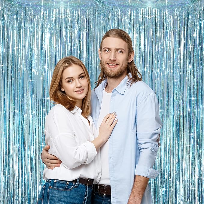 2 Pack Laser Light Blue Foil Fringe Curtains, Tinsel Streamers Birthday Party - Image 5
