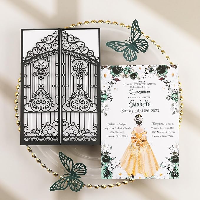 50Pcs Wedding Invitation Kit Black Fences Fold Laser Cut Invitation Pocket - Image 2