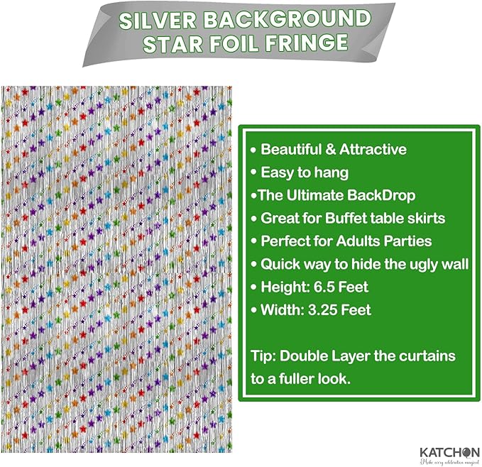 KatchOn, Star Silver Foil Fringe Curtains – Pack of 2 | Silver Fringe Backdrop - Image 3