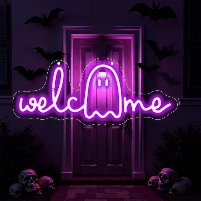 Halloween Welcome Ghouls Neon Sign, Spooky Ghost LED Halloween Decor, Haunted by Mingxigo