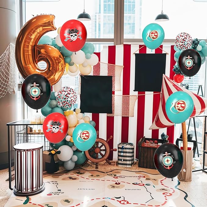 Pirate Balloons, 12 Inch Teal Black Red Confetti Balloons - Image 5