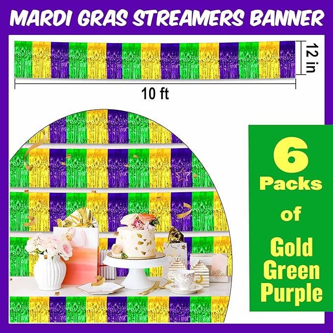 6 Pack 10 Ft Gold Green Purple Foil Fringe Garland Metallic Streamers Tinsel - Image 2