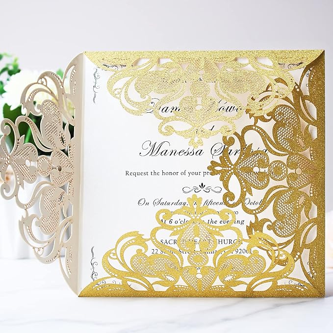 Hosmsua 50PCS Personalized Gold Laser Cut Wedding invitation Cards - Image 3
