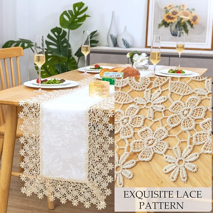 Beige lace Premium Rectangle Farmhouse Table Runner Waterproof OilProof - Image 3