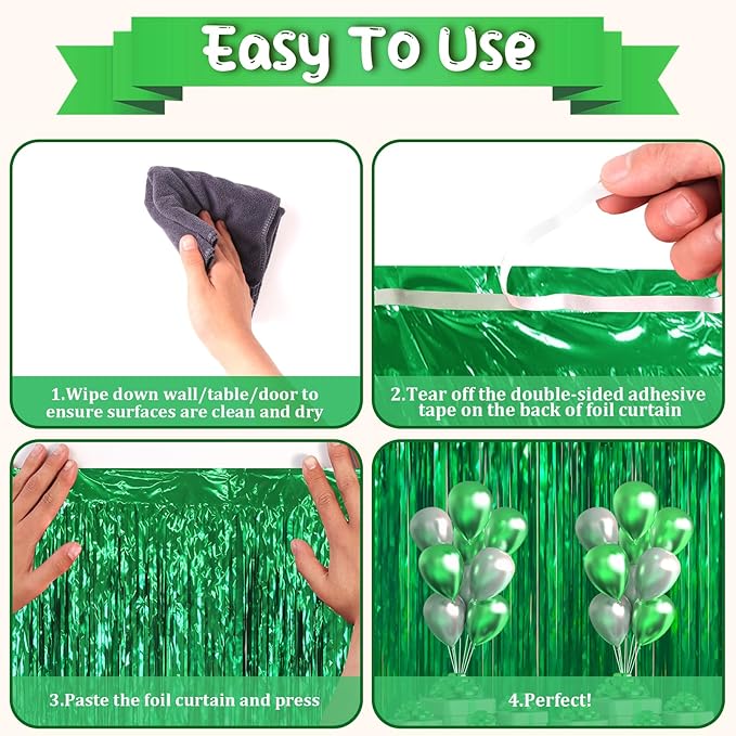 3 Pack 3.3 x 6.6 ft Green Foil Fringe Backdrop Curtains, Tinsel Streamers Party - Image 4