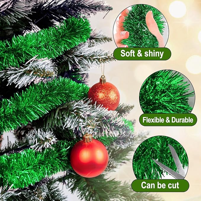50 Feet Green Christmas Tinsel Garland, Metallic Foil Twist Garland Wall - Image 3