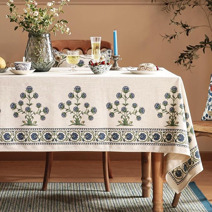 patdrea Designer Linen Vintage Blue Rectangle Tablecloth, Leaves Pattern - Image 2