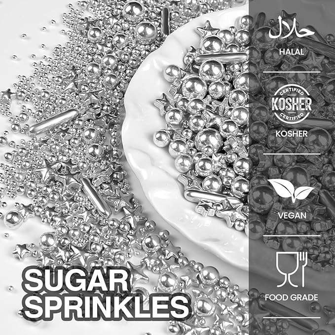 Silver Pearl Rods Star Sugar Sprinkles, Edible Pearls Baking Candy, 150g/5.29oz - Image 3