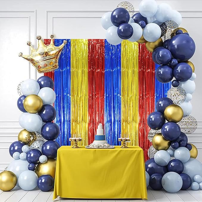 3 Pack 3.3 x 8.2 ft Blue Red Gold Foil Fringe Backdrop Curtains, Tinsel - Image 5