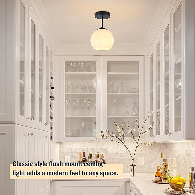 Black Semi Flush Mount Ceiling Light Fixture Milk Glass Light Fixture Mid - Image 2