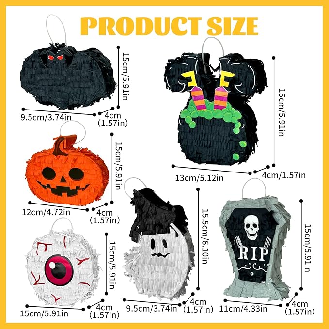 6 Pcs Halloween Piñata Set Small Pumpkin Ghost Tombstone Bat Eyeball Witch Jar - Image 2