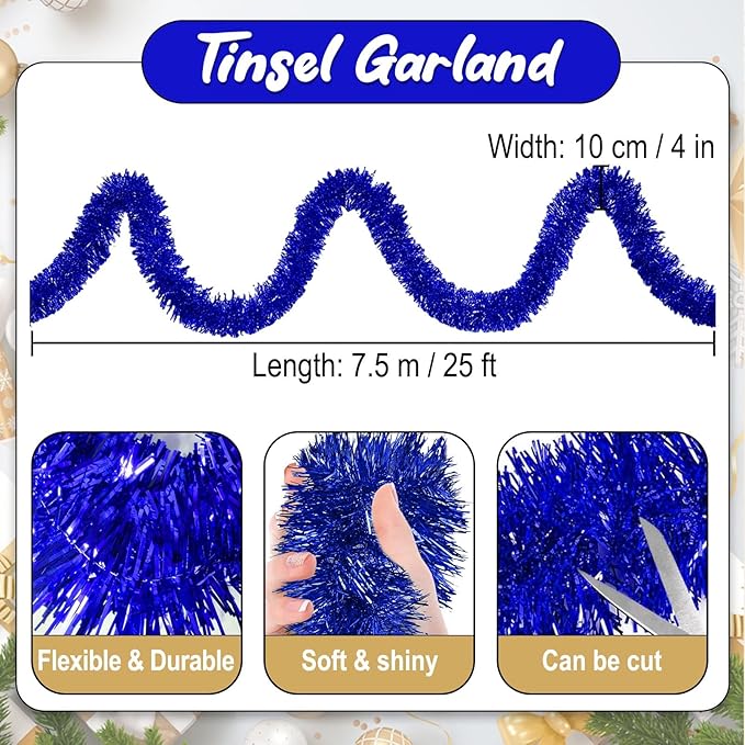 25 Feet Blue Christmas Tinsel Garland, Metallic Foil Twist Banner Wall Hanging - Image 2