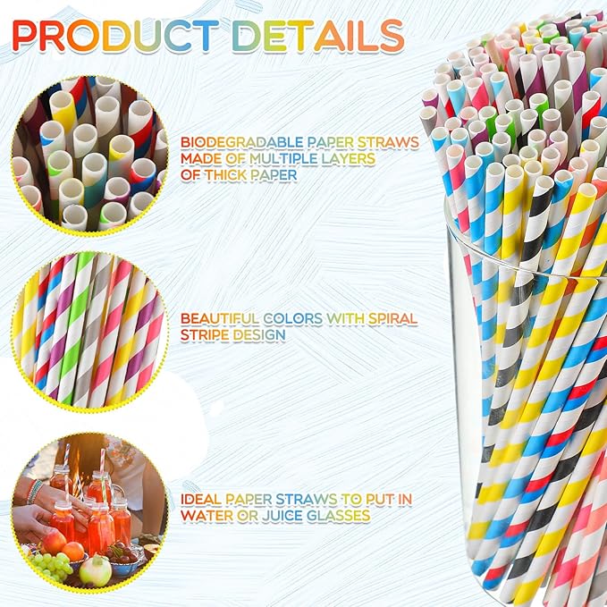 Eaasty 1200 Pcs Colored Paper Straws Bulk Disposable Striped Drinking Paper - Image 3