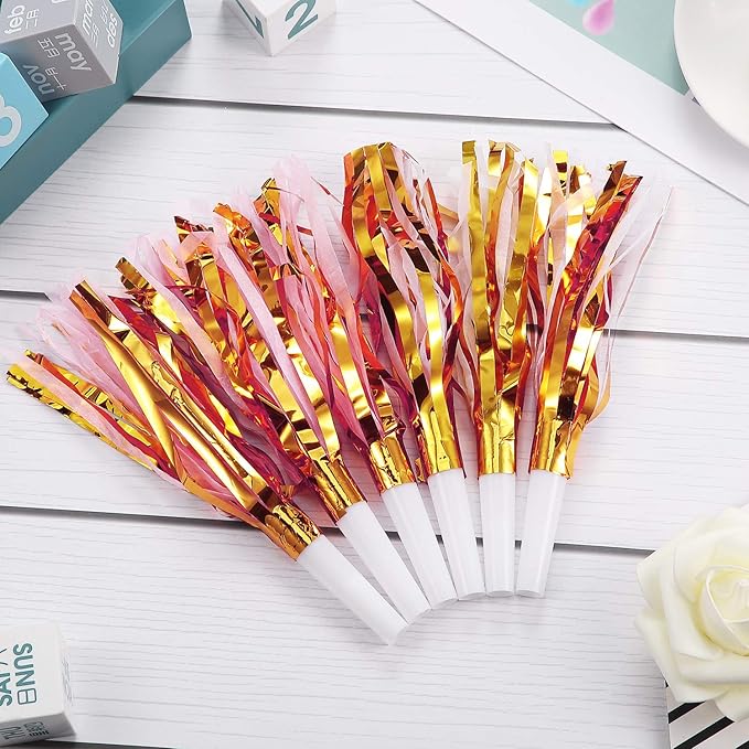 24 Pieces Gold Noise Makers Glitter Metallic Fringed Party Blowers Pink Musical - Image 6