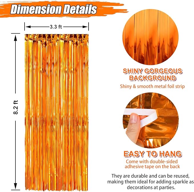 2 Pack Orange Foil Fringe Curtains Streamers Party Decorations 3.3 x 8.2 ft - Image 2