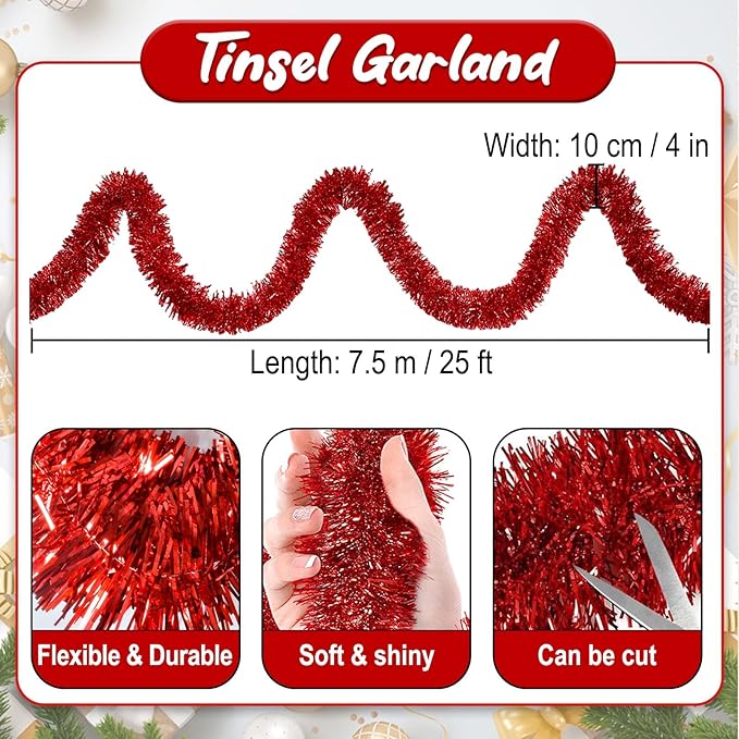 25 Feet Red Christmas Tinsel Garland, Metallic Foil Twist Banner Wall Hanging - Image 2