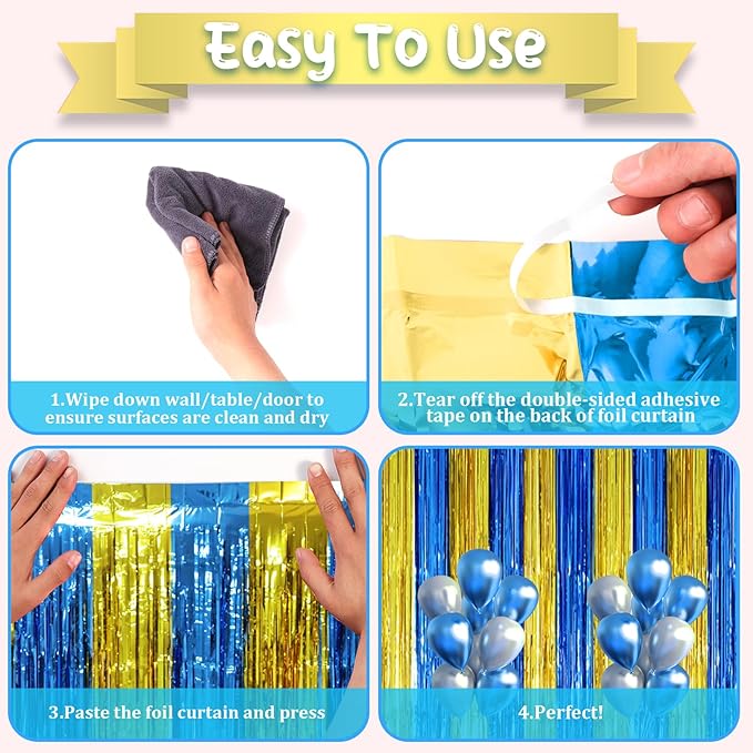 3 Pack 3.3 x 8.2 ft Blue Gold Foil Fringe Backdrop Curtains, Tinsel Streamers - Image 3