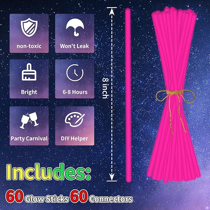 60 Pack 8” Pink Glow Sticks Bulk - Image 2