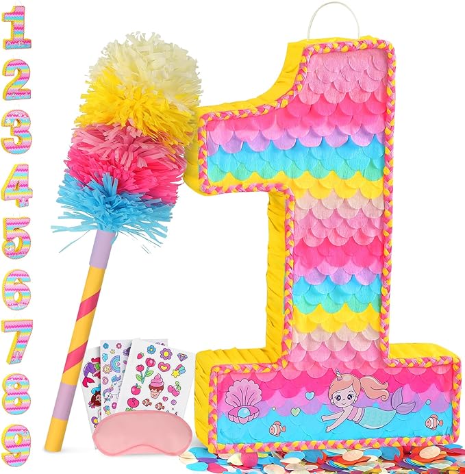 Number 1 Pinata for Birthday Party Decorations, Unicorn Mermaid Theme Pink by Pardecor