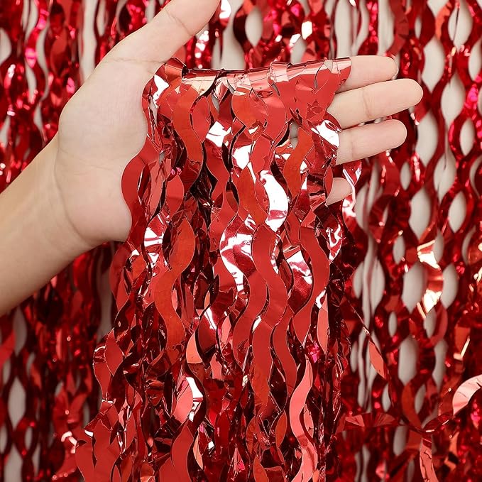 3 Pack Red Aluminium Foil Curtains, 3.3ft x 6.6ft, Wavy Shape, - Image 2