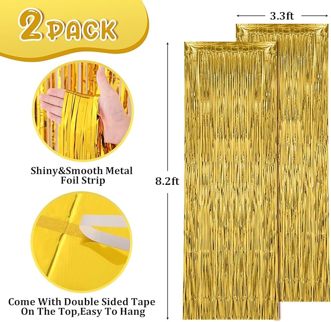 2 Pack Gold Foil Fringe Backdrop Curtains, Tinsel Streamers Birthday Party - Image 3